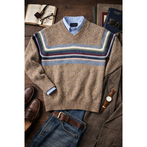Vintage Express Blues 100% Wool Striped V-Neck Sweater Preppy Men’s Small
